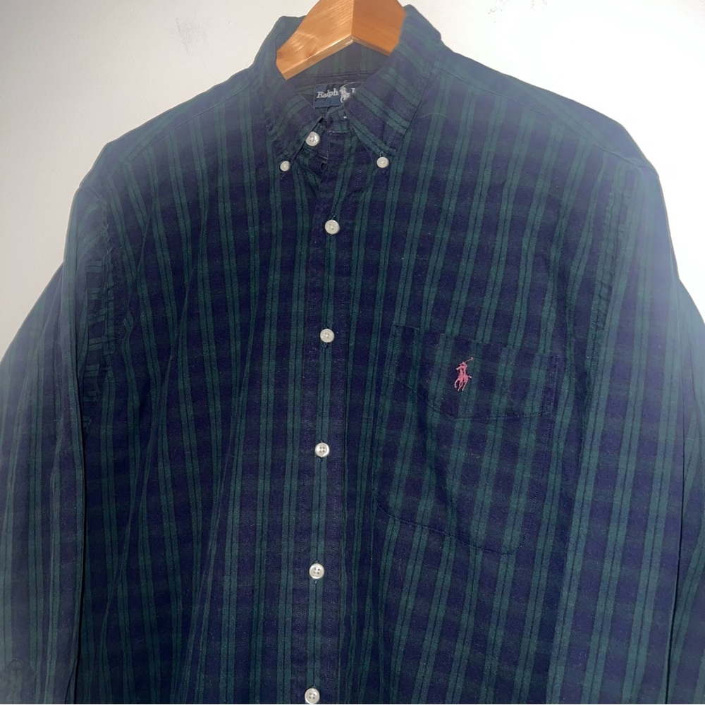 Ralph Lauren Men’s Green Navy Plaid Button Down Shirt Size Medium - Picture 2 of 9